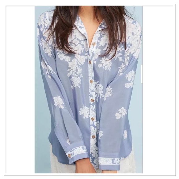 Anthropologie Maeve Rosalee Silk Button Up Front Shirt Floral Blue White Size 4 - Picture 3 of 10